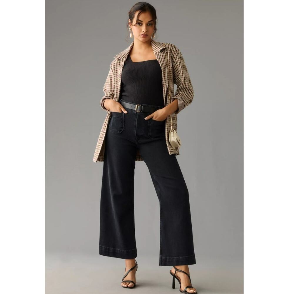 Maeve Colette Anthropologie Pant 26 Wide Leg Black Linen Stretch Trouser Cropped